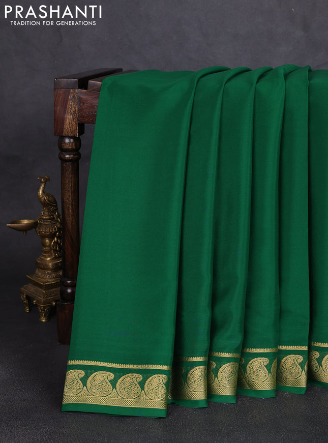 Pure mysore silk saree green with plain body and zari woven paisley border