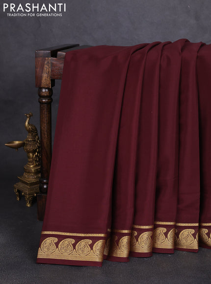 Pure mysore silk saree coffee brown with plain body and zari woven paisley border