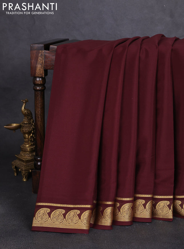 Pure mysore silk saree coffee brown with plain body and zari woven paisley border
