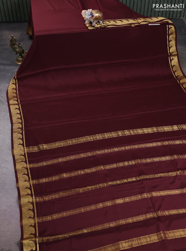 Pure mysore silk saree coffee brown with plain body and zari woven paisley border