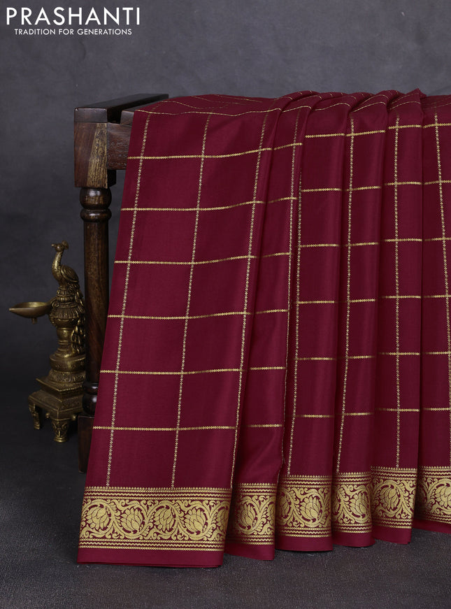 Pure mysore silk saree maroon with allover zari woven checked pattern and zari woven border