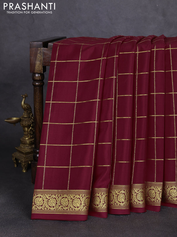 Pure mysore silk saree maroon with allover zari woven checked pattern and zari woven border