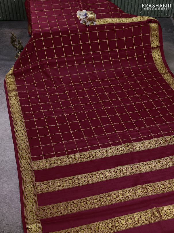 Pure mysore silk saree maroon with allover zari woven checked pattern and zari woven border