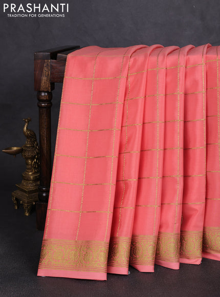 Pure mysore silk saree peach shade with allover zari woven checked pattern and zari woven border