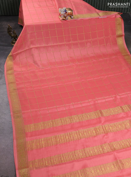 Pure mysore silk saree peach shade with allover zari woven checked pattern and zari woven border