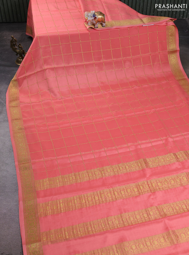 Pure mysore silk saree peach shade with allover zari woven checked pattern and zari woven border