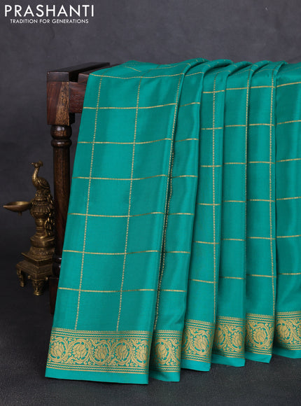 Pure mysore silk saree teal green with allover zari woven checked pattern and zari woven border