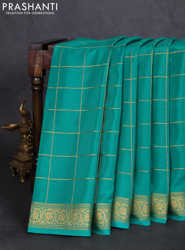 Pure mysore silk saree teal green with allover zari woven checked pattern and zari woven border