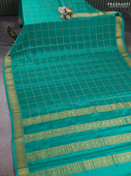 Pure mysore silk saree teal green with allover zari woven checked pattern and zari woven border