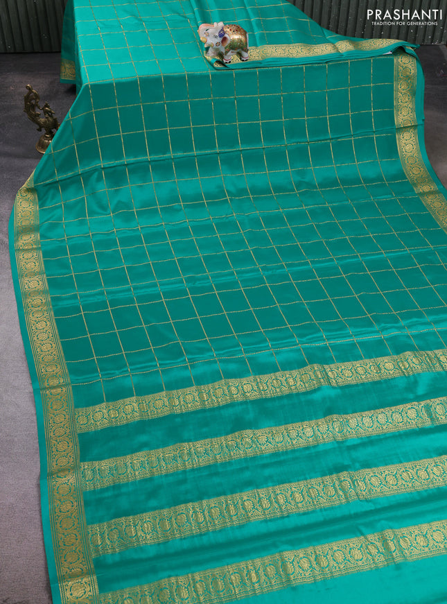 Pure mysore silk saree teal green with allover zari woven checked pattern and zari woven border