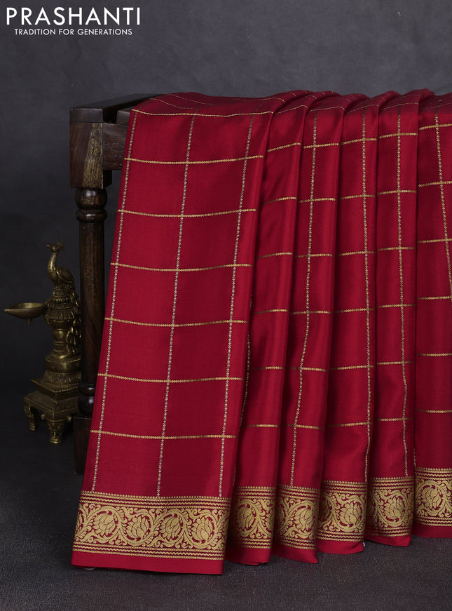 Pure mysore silk saree red with allover zari woven checked pattern and zari woven border