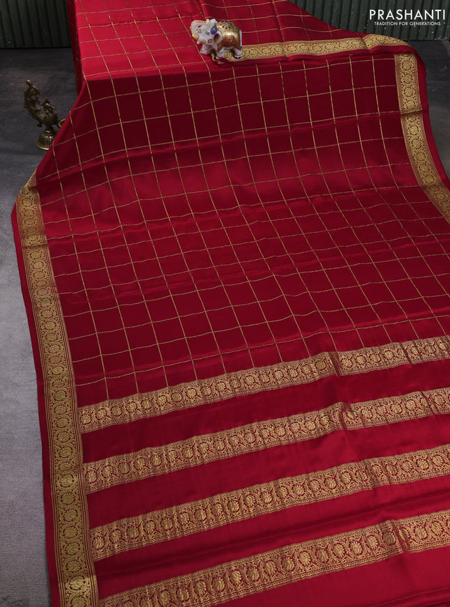 Pure mysore silk saree red with allover zari woven checked pattern and zari woven border