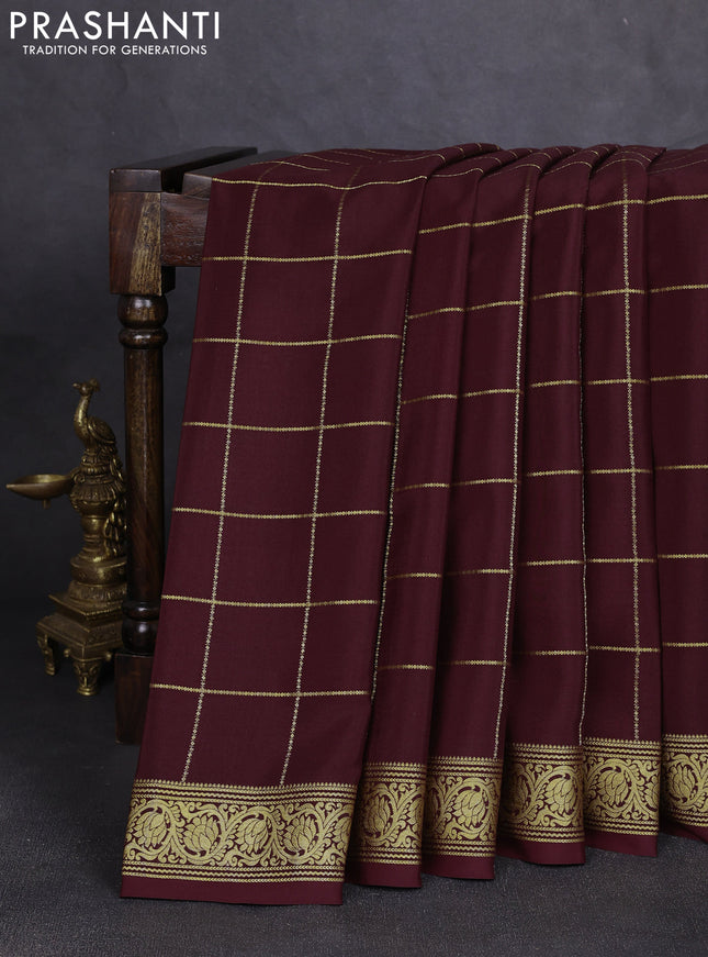 Pure mysore silk saree coffee brown with allover zari woven checked pattern and zari woven border