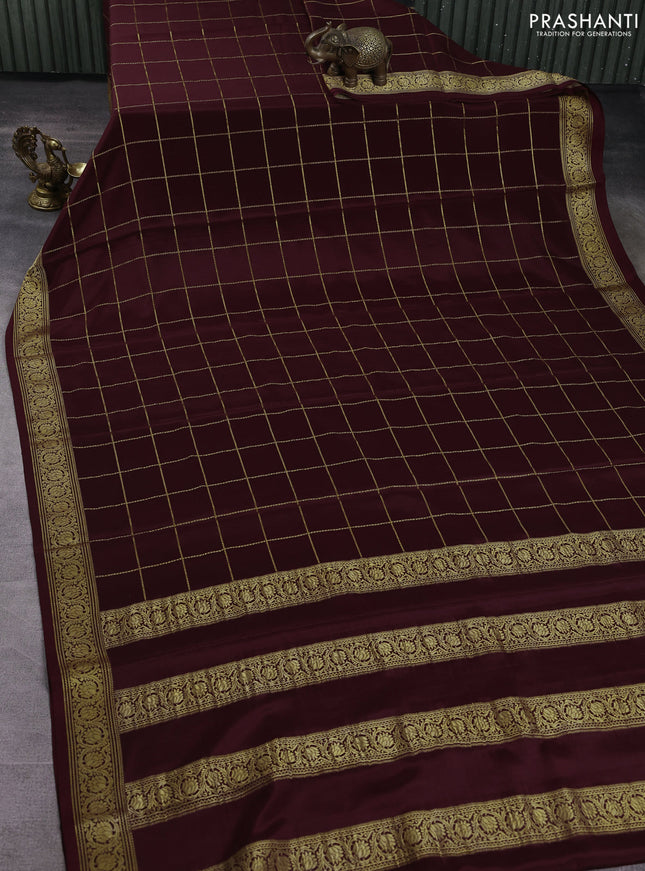 Pure mysore silk saree coffee brown with allover zari woven checked pattern and zari woven border