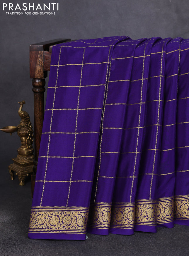 Pure mysore silk saree blue with allover zari woven checked pattern and zari woven border