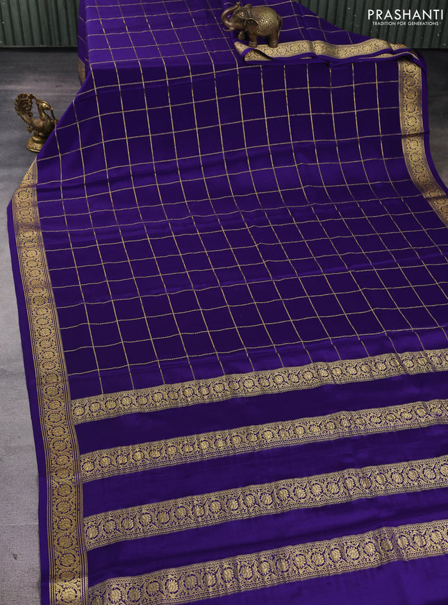 Pure mysore silk saree blue with allover zari woven checked pattern and zari woven border