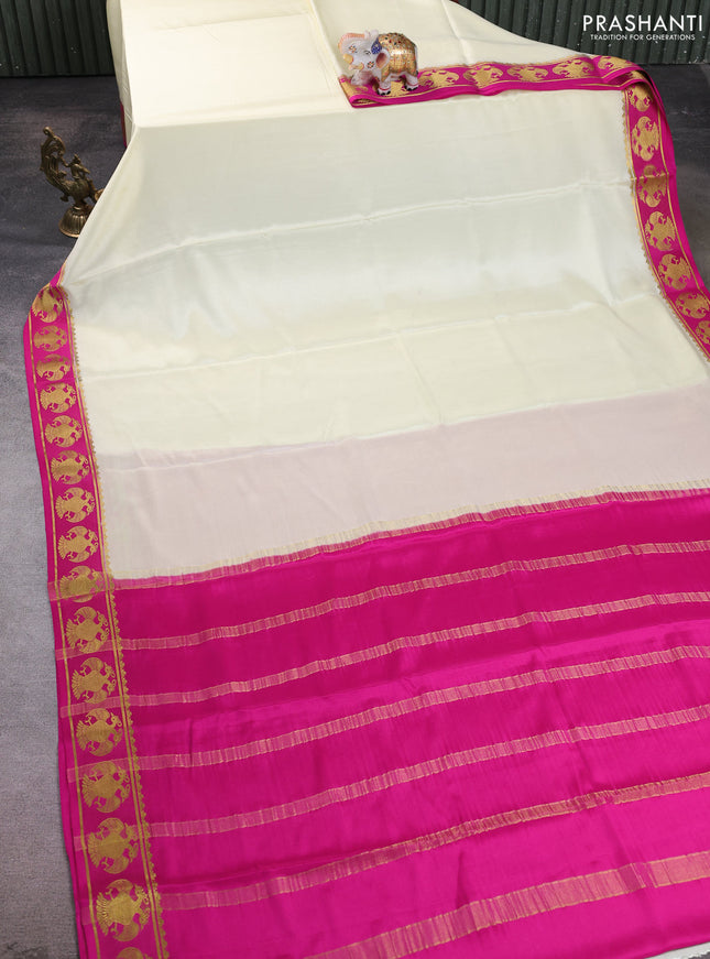 Pure mysore silk saree cream and pink with plain body and zari woven butta border