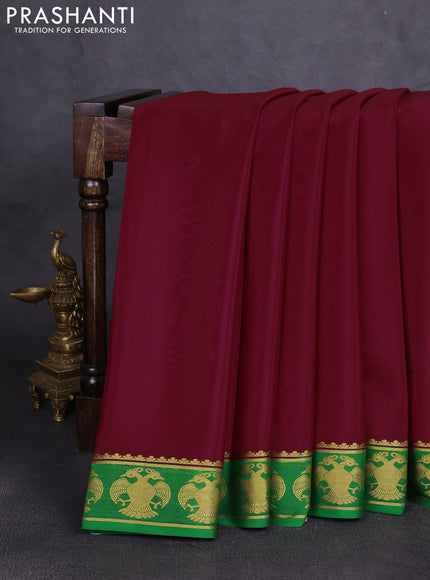 Pure mysore silk saree maroon and green with plain body and zari woven butta border