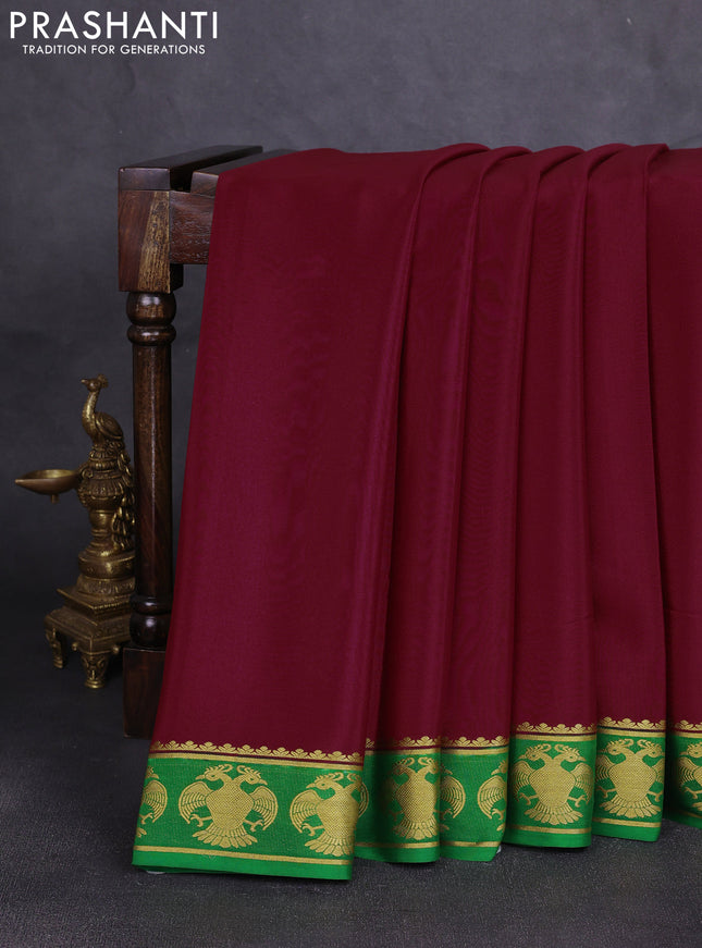 Pure mysore silk saree maroon and green with plain body and zari woven butta border