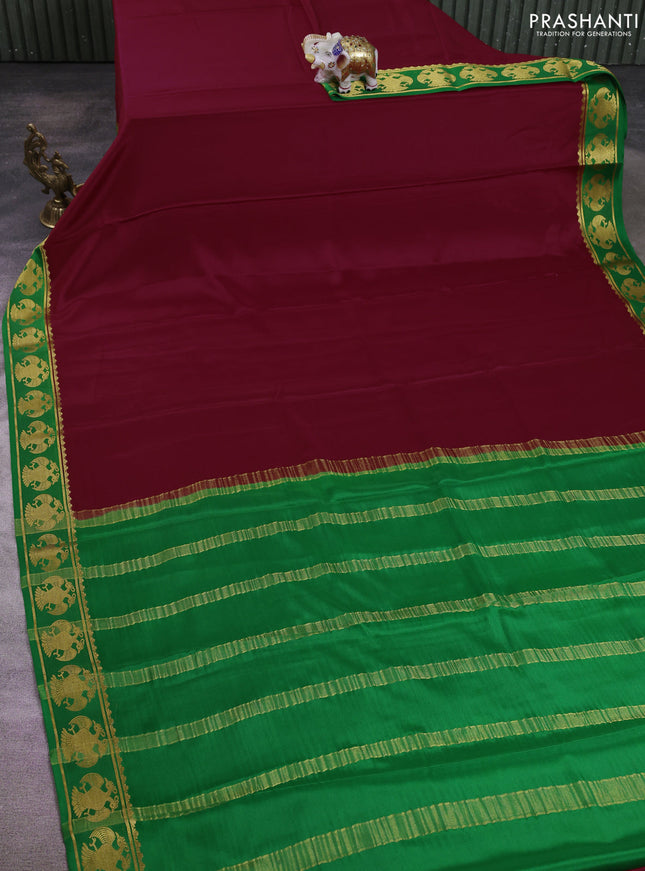 Pure mysore silk saree maroon and green with plain body and zari woven butta border