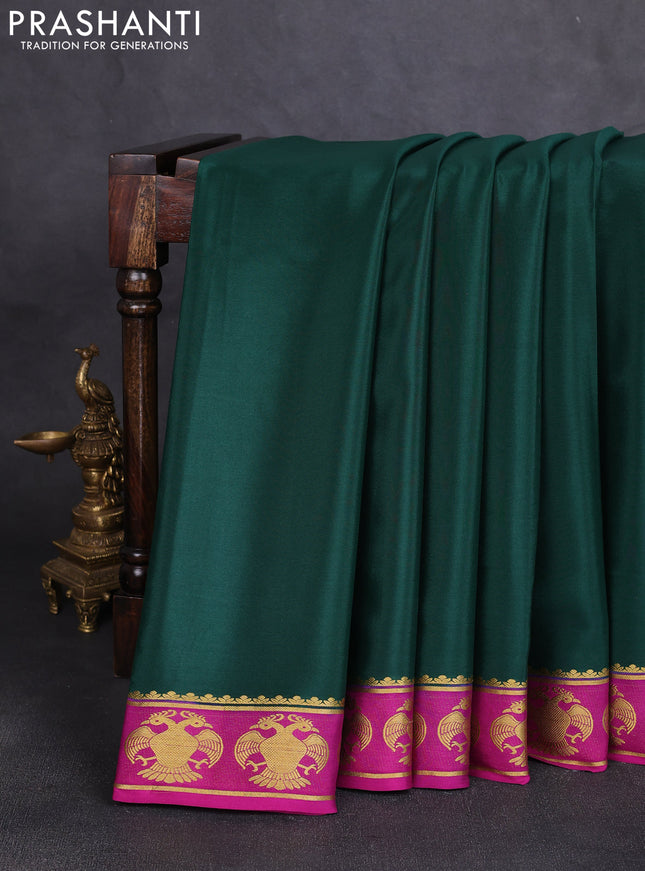 Pure mysore silk saree bottle green and magenta pink with plain body and zari woven butta border