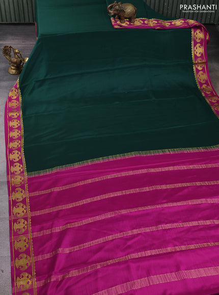 Pure mysore silk saree bottle green and magenta pink with plain body and zari woven butta border