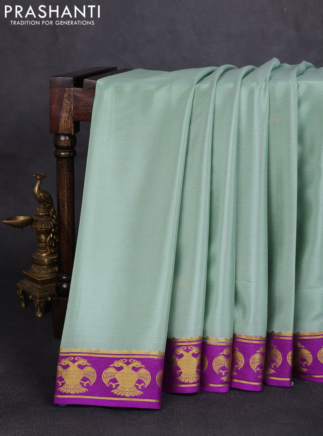 Pure mysore silk saree pastel green and purple with plain body and zari woven butta border