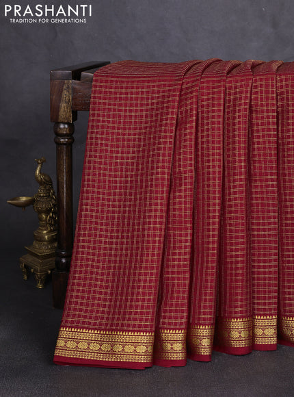 Pure mysore silk saree maroon with allover small zari woven checked pattern and zari woven border