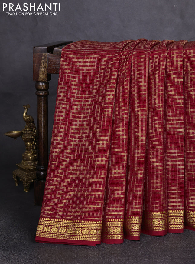 Pure mysore silk saree maroon with allover small zari woven checked pattern and zari woven border