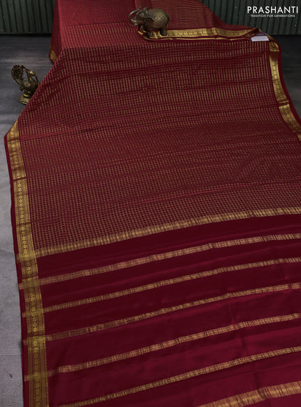 Pure mysore silk saree maroon with allover small zari woven checked pattern and zari woven border