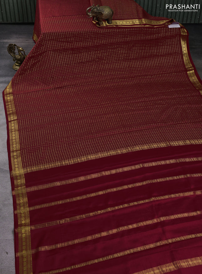 Pure mysore silk saree maroon with allover small zari woven checked pattern and zari woven border