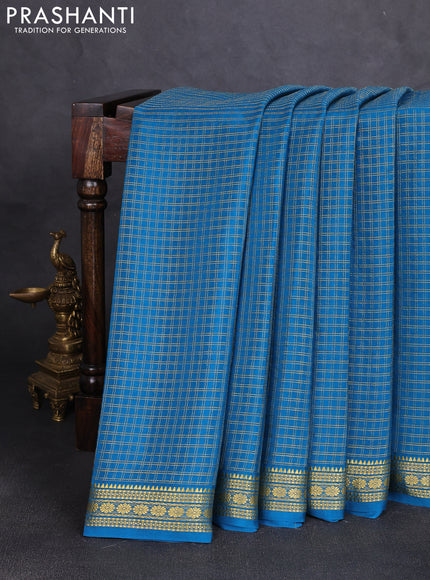 Pure mysore silk saree cs blue with allover small zari woven checked pattern and zari woven border