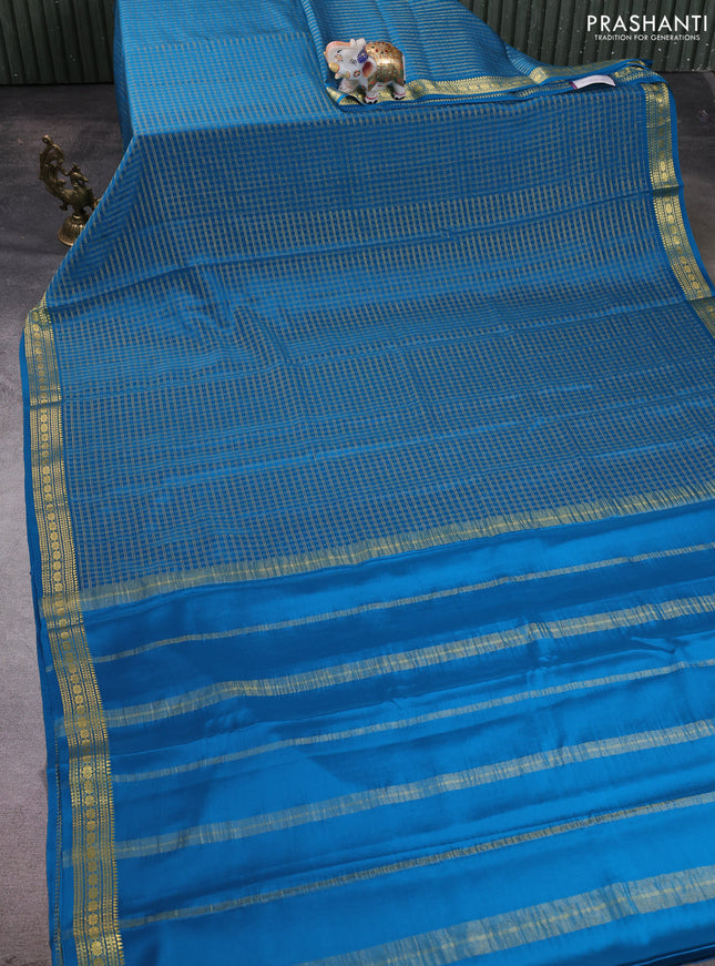 Pure mysore silk saree cs blue with allover small zari woven checked pattern and zari woven border