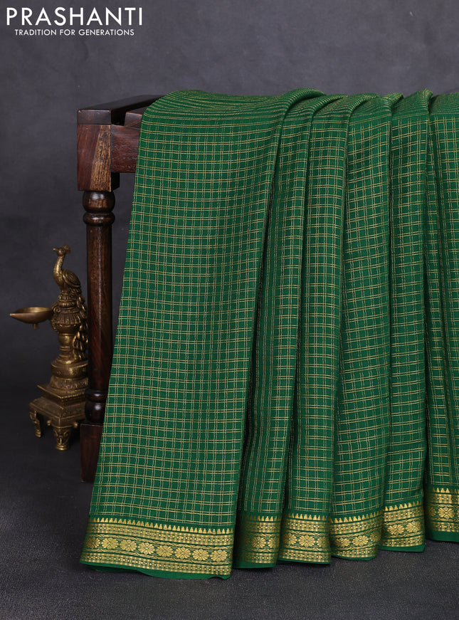 Pure mysore silk saree green with allover small zari woven checked pattern and zari woven border