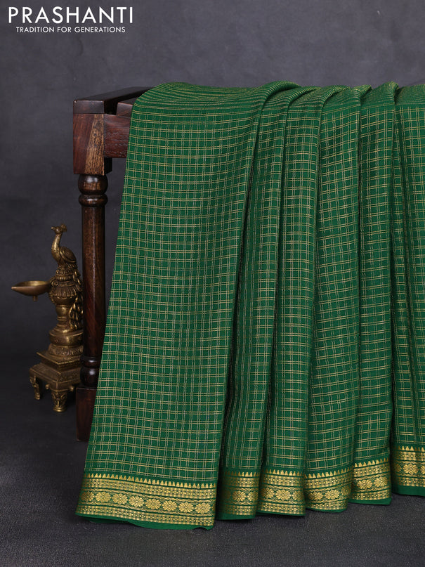 Pure mysore silk saree green with allover small zari woven checked pattern and zari woven border
