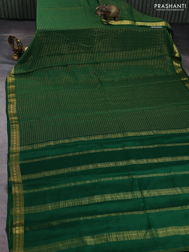 Pure mysore silk saree green with allover small zari woven checked pattern and zari woven border
