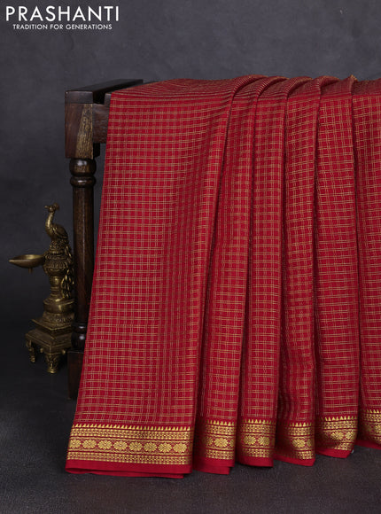 Pure mysore silk saree red with allover small zari woven checked pattern and zari woven border
