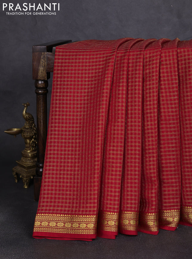 Pure mysore silk saree red with allover small zari woven checked pattern and zari woven border