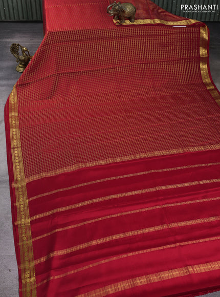 Pure mysore silk saree red with allover small zari woven checked pattern and zari woven border