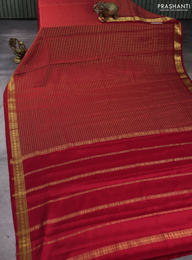 Pure mysore silk saree red with allover small zari woven checked pattern and zari woven border