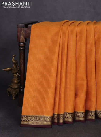 Pure mysore silk saree dark mustard and coffee brown with allover small zari woven checked pattern and zari woven border