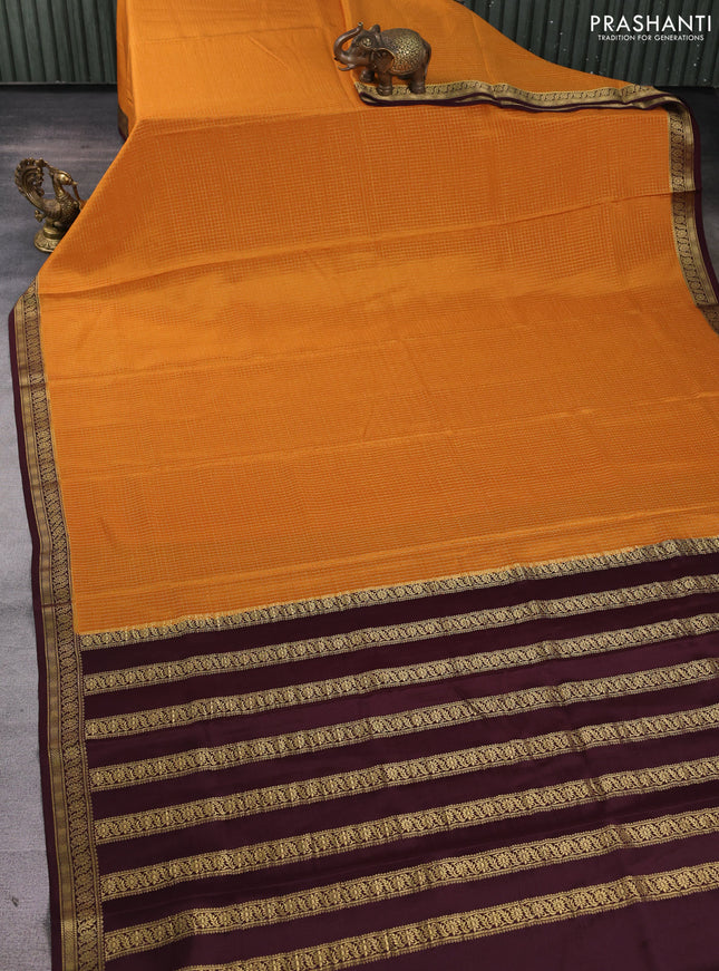 Pure mysore silk saree dark mustard and coffee brown with allover small zari woven checked pattern and zari woven border