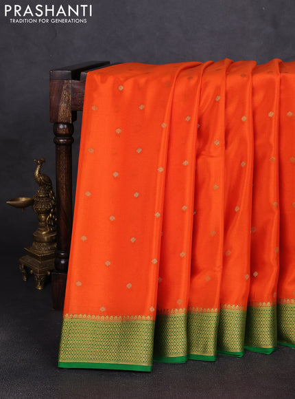 Pure mysore silk saree orange and green with allover zari woven buttas and zari woven border