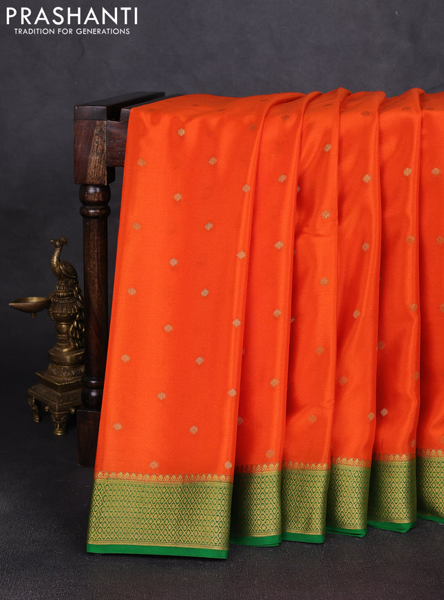 Pure mysore silk saree orange and green with allover zari woven buttas and zari woven border