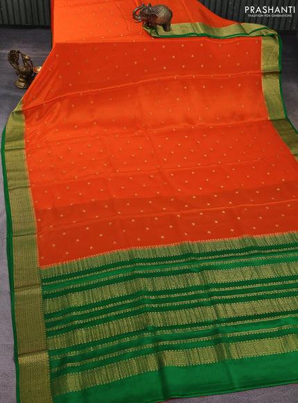 Pure mysore silk saree orange and green with allover zari woven buttas and zari woven border