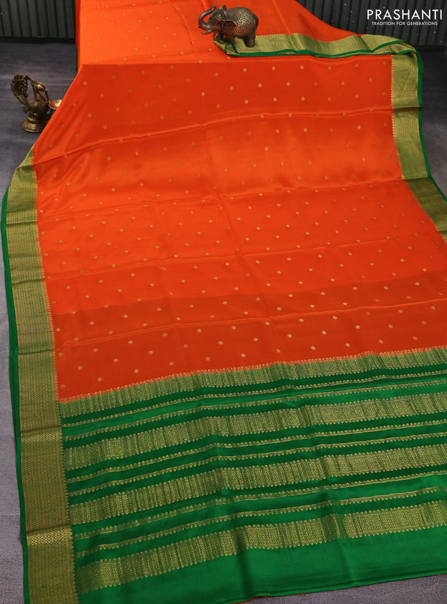 Pure mysore silk saree orange and green with allover zari woven buttas and zari woven border