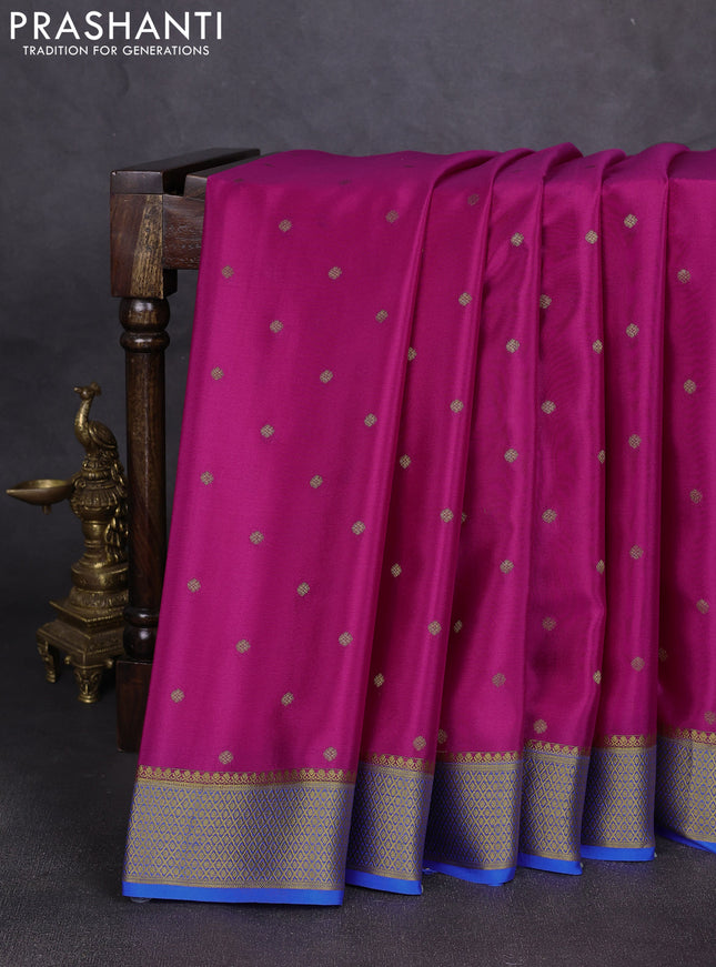 Pure mysore silk saree magenta pink and blue with allover zari woven buttas and zari woven border