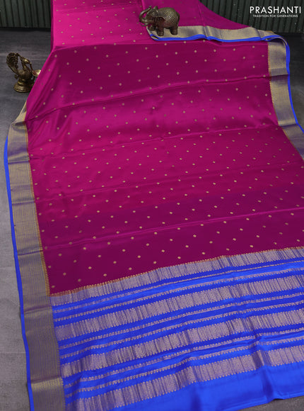 Pure mysore silk saree magenta pink and blue with allover zari woven buttas and zari woven border