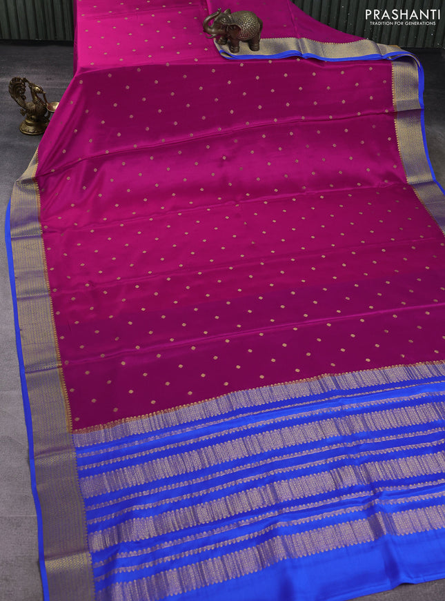 Pure mysore silk saree magenta pink and blue with allover zari woven buttas and zari woven border