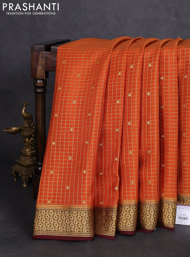 Pure mysore silk saree dark mustard and deep maroon with allover zari checks & buttas and zari woven border